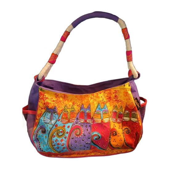 Laurel Burch CAT Bag NWOT Purple Gold Blue Red PLUS Free Cat Charm Keychain - Picture 3 of 9